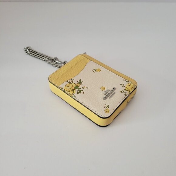 Coach CAU44 Zip Card Case Floral Print Leather Mini Wallet Chalk Multi - Picture 5 of 6